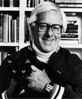 Smiling Rad Bradbury in glasses with a black cat