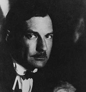 Black and white portrait of Evgenii Zamyatin in smoking