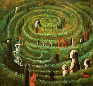 Esoteric greenish and mysterious painting with animals and grassy spiral